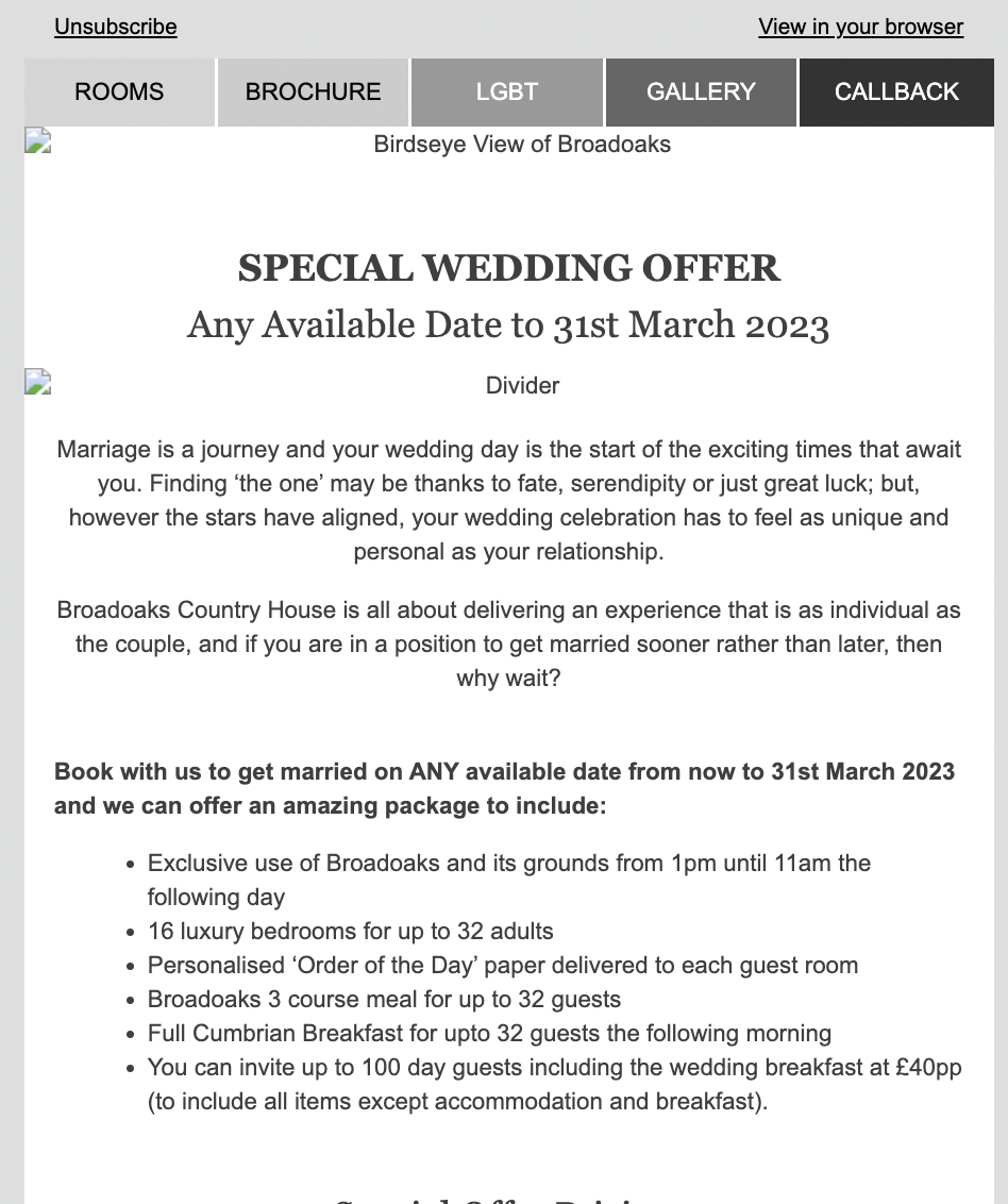 broadoaks country house email marketing example