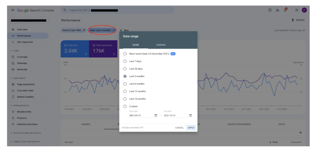 Google Search Console date range