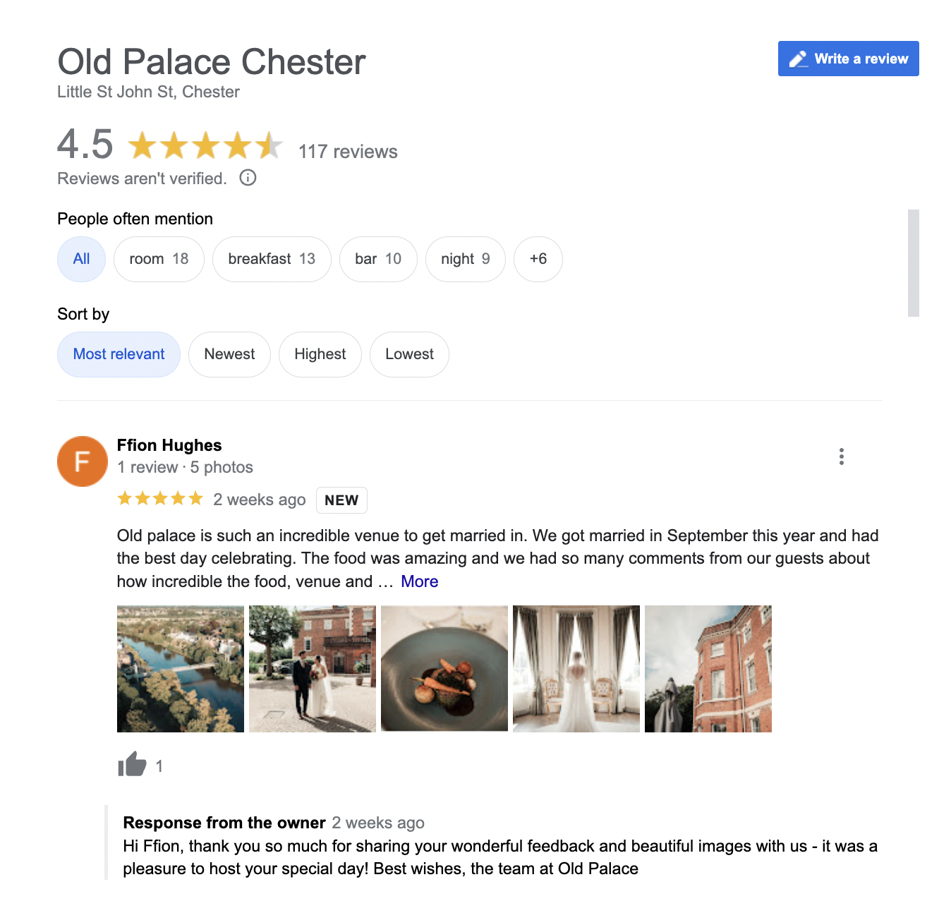 old palace chester google reviews