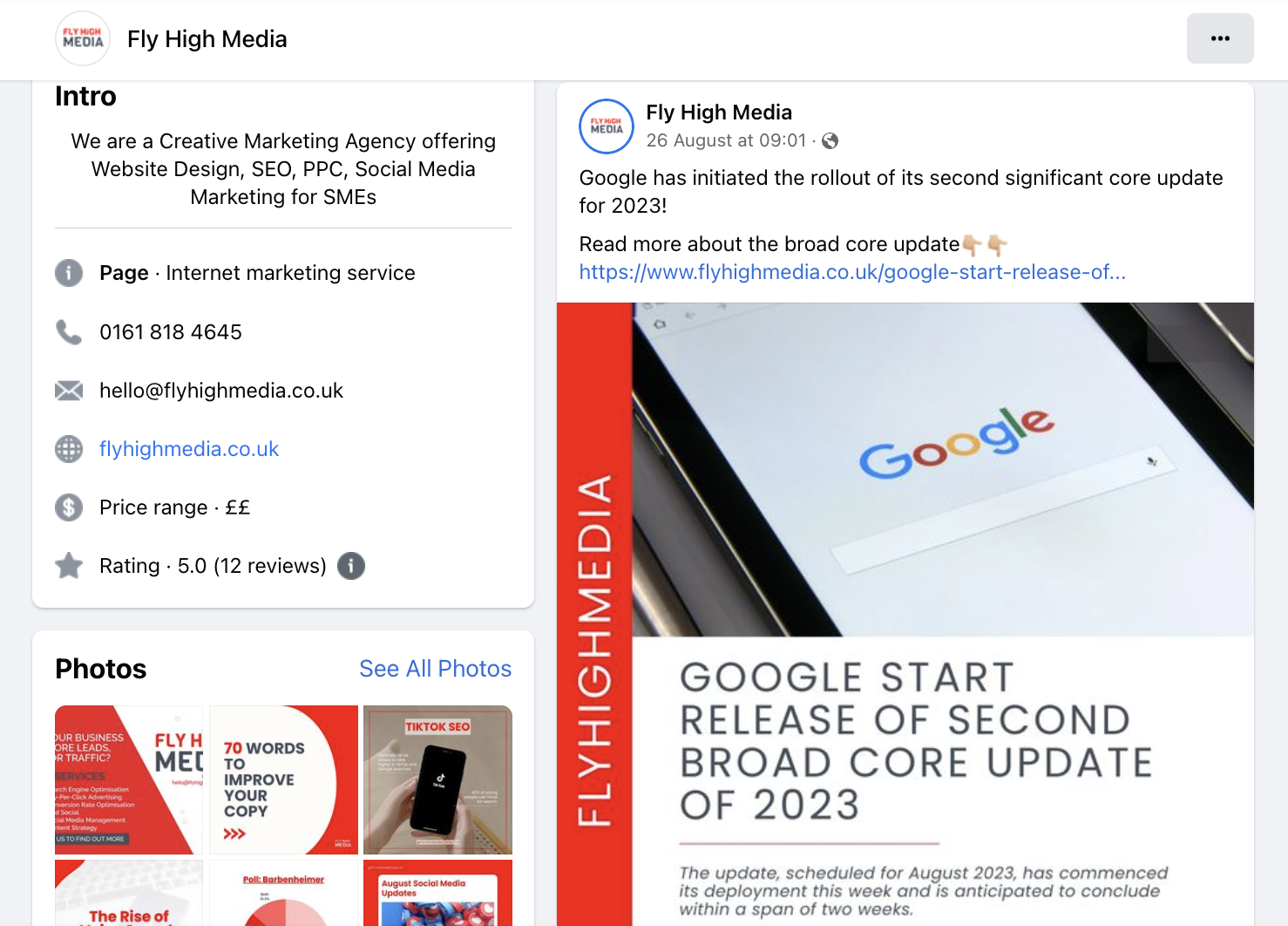 Fly High Media Facebook Post about the second broad core Google update 2023