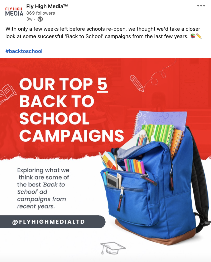 Fly High Media LinkedIn post about Back to School campaigns